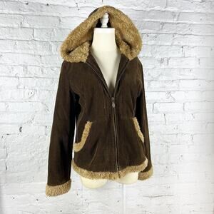 Mudd vintage 90s y2k brown corduroy hooded coat faux fur accents Size Large